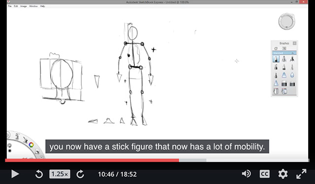 Screenshot from Udemy course on drawing figures for beginners. Here, the instructor shows an improved version of a stick figure.